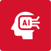 White AI brain outline vector graphic icon on a red background, depicting Diverse AI Vision Applications.