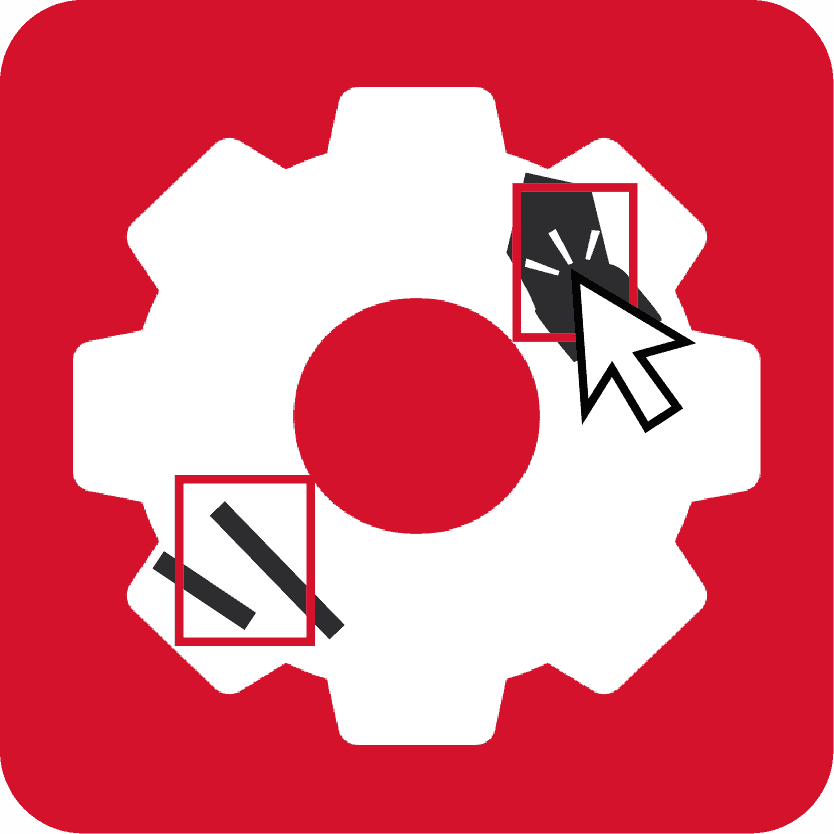White cog outline vector graphic icon on a red background, depicting Intuitive User Interface.